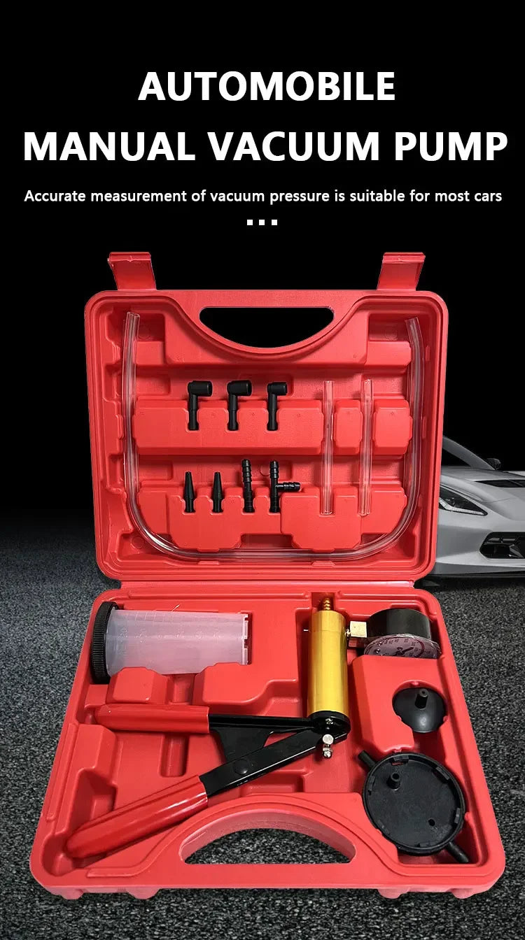 Red manual vacuum pump kit for automotive use with a gauge and various tools.