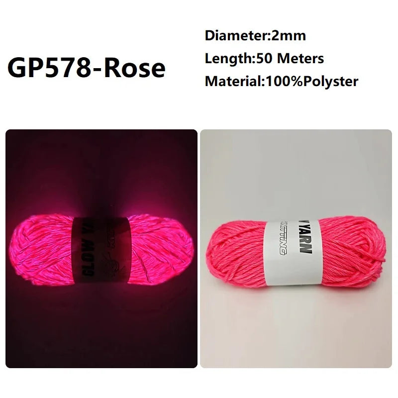 Pink glow-in-the-dark polyester yarn labeled GP578-Rose, 2mm diameter and 50 meters long.