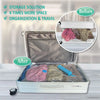 Before and after comparison of vacuum storage bags used for organizing and traveling clothes.