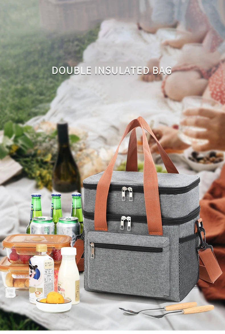 Insulated Double-Layer Lunch Tote with Shoulder Strap
