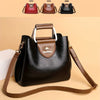 A black leather vintage crossbody tote bag with a brown strap and a gold-toned logo detail.