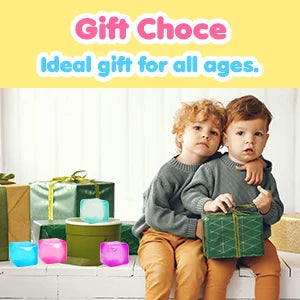 Two young boys sitting and holding colorful squishy ice cube fidget toys.