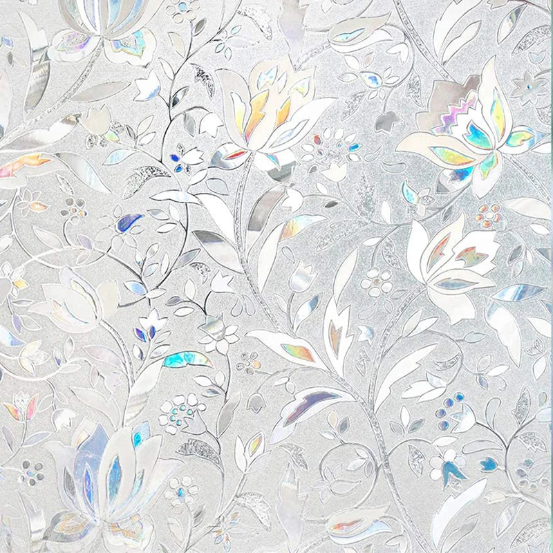 Silver decorative stained glass window film featuring floral patterns and iridescent highlights