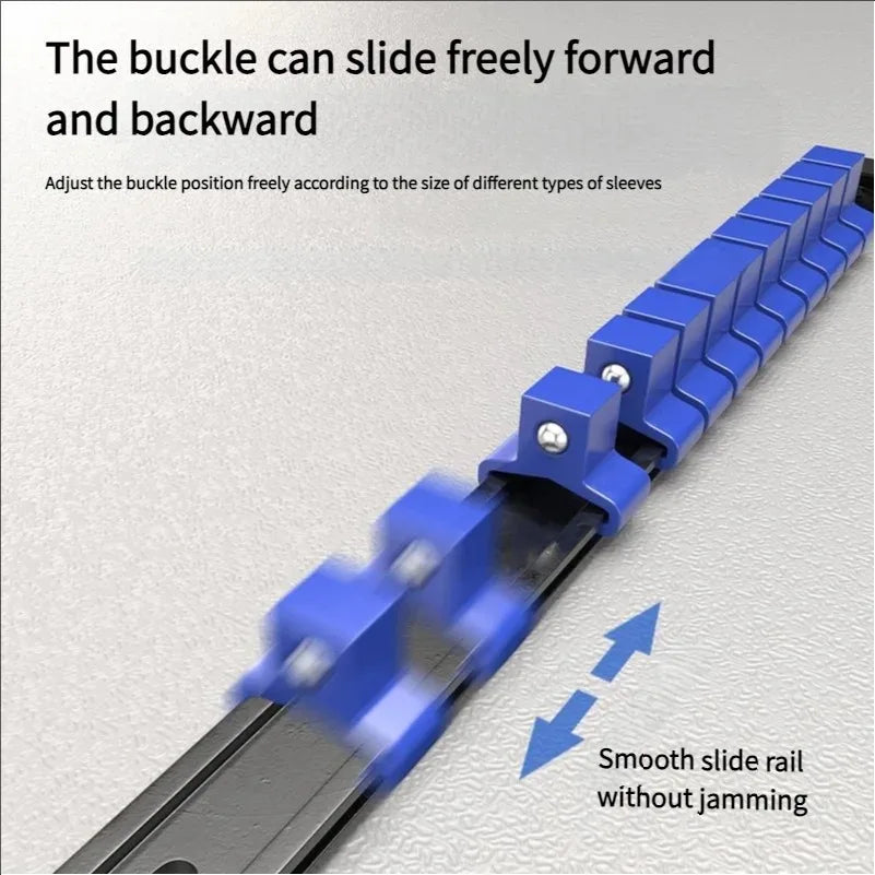 A close-up view of a blue buckle sliding freely on a black rail, demonstrating smooth movement.