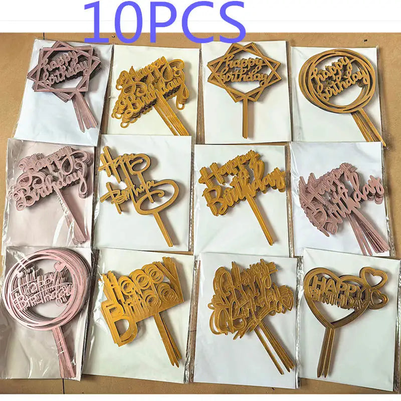Gold Acrylic Happy Birthday Cake Toppers (Set of 10)