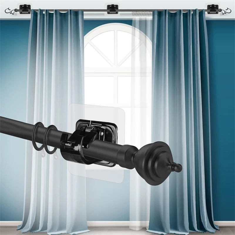 A black self-adhesive no-drill curtain rod bracket is shown mounted on a window, with light blue curtains in the background.