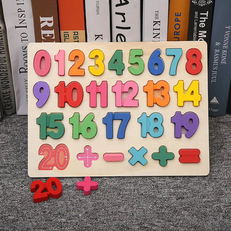 Ensemble de blocs de construction en bois Montessori avec les nombres 0 à 20 et les opérations mathématiques de base (+, -, x
