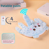 A light blue palm-shaped baby sleep pillow with a breathable mesh layer on the reverse side is shown next to a battery icon.