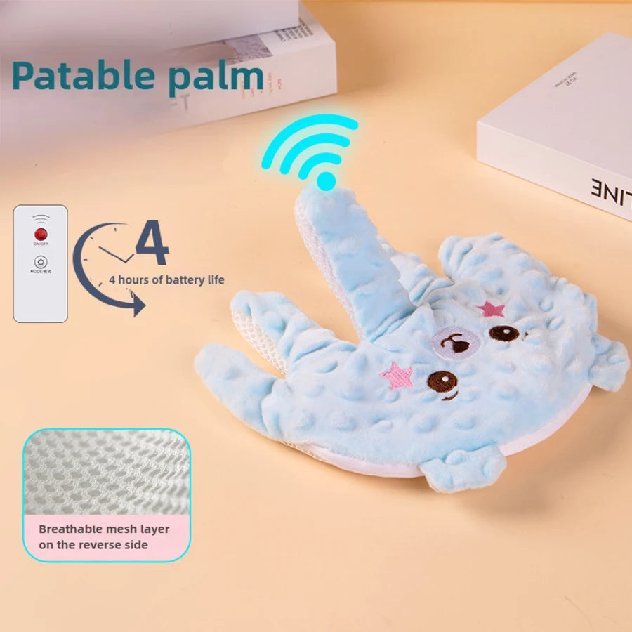 A light blue palm-shaped baby sleep pillow with a breathable mesh layer on the reverse side is shown next to a battery icon.