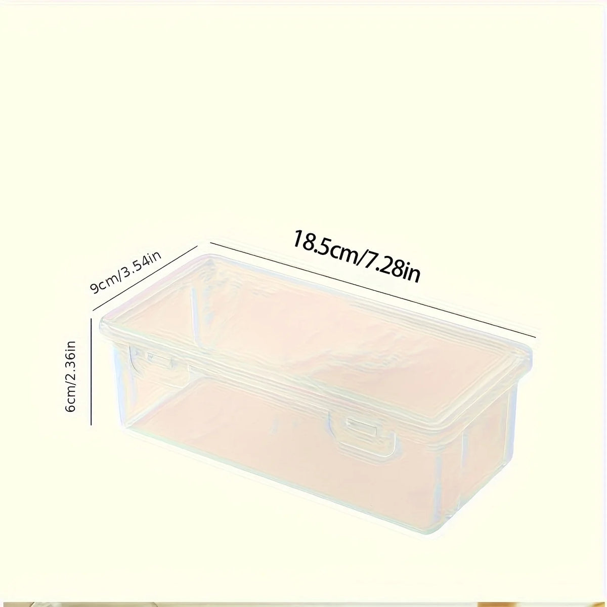 A large clear plastic storage box with a hinged lid shown from above, measuring 18.5 cm in length.