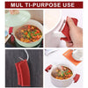 Two red silicone pan handle covers are shown in use on a cooking pot and a saucepan.