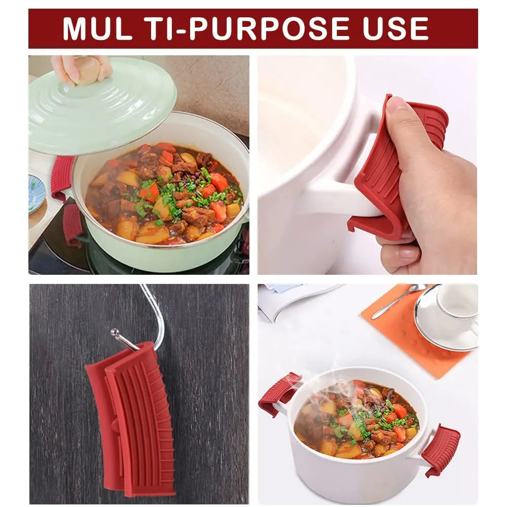 Two red silicone pan handle covers are shown in use on a cooking pot and a saucepan.