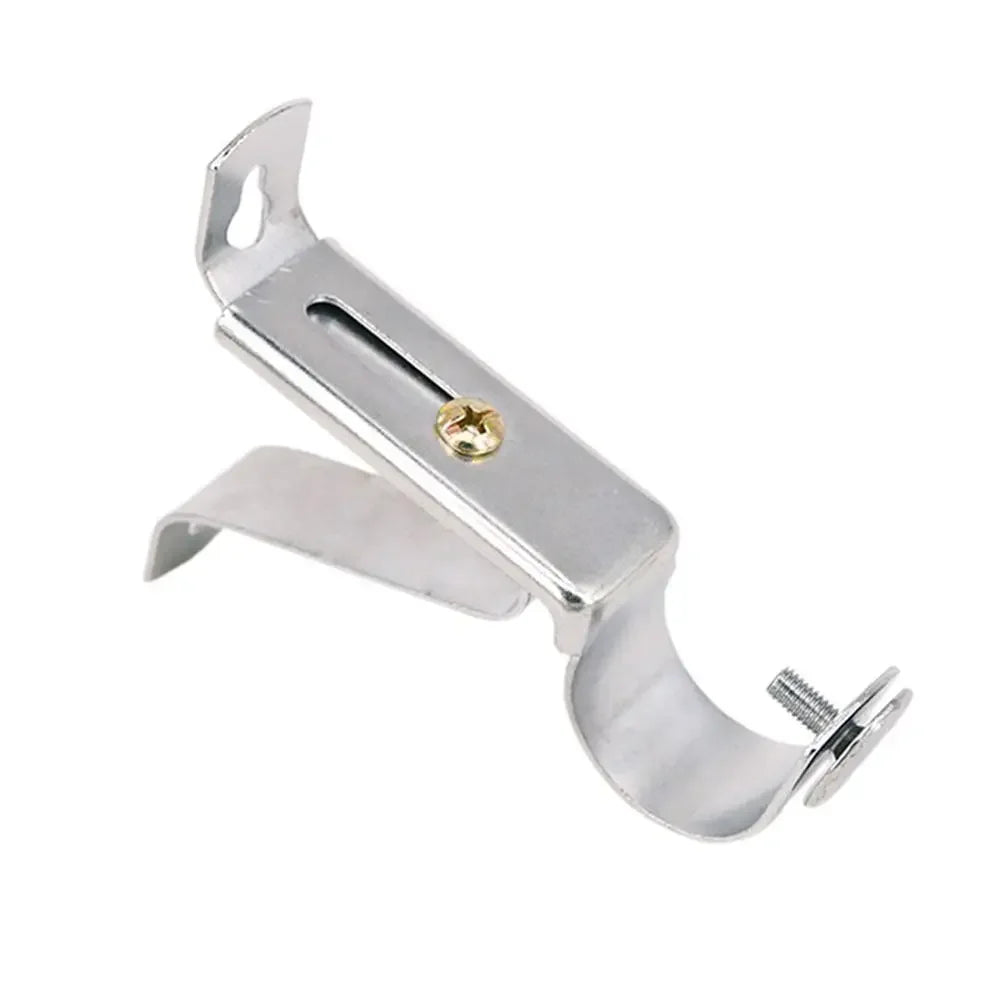 Silver metal curtain rod brackets with an adjustable wall mount support.