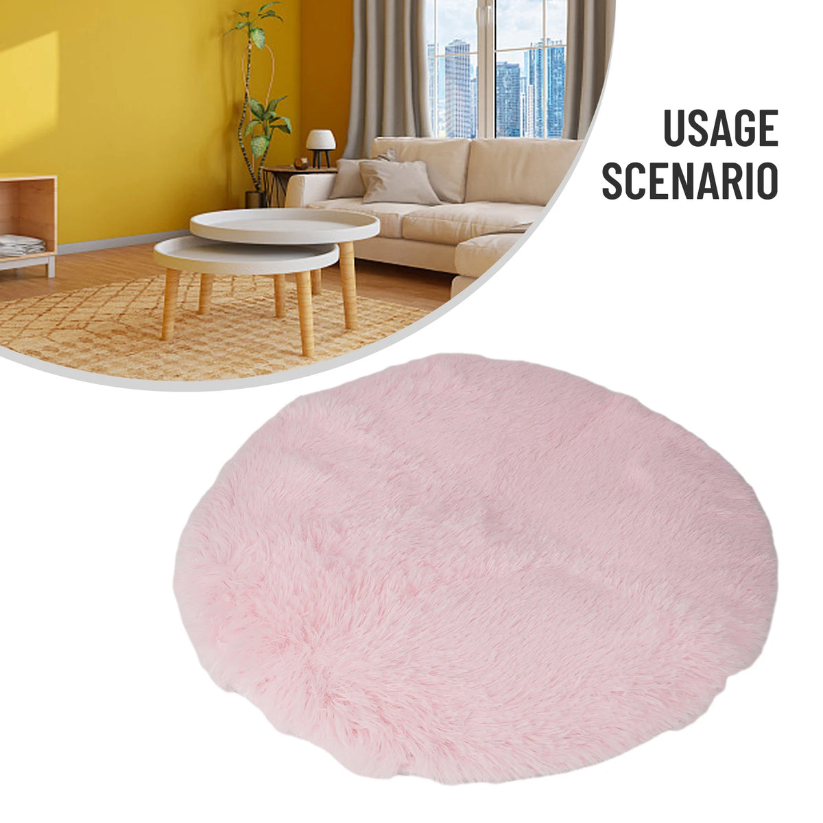 A fluffy pink shaggy round rug placed on a wooden floor in a living room setting.