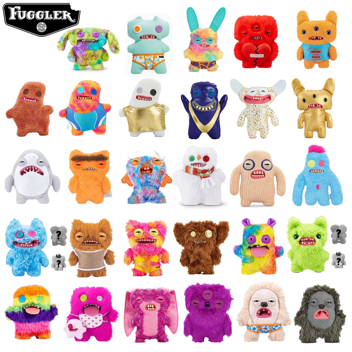 A collection of colorful ugly monster plush toys featuring various facial expressions and textures.
