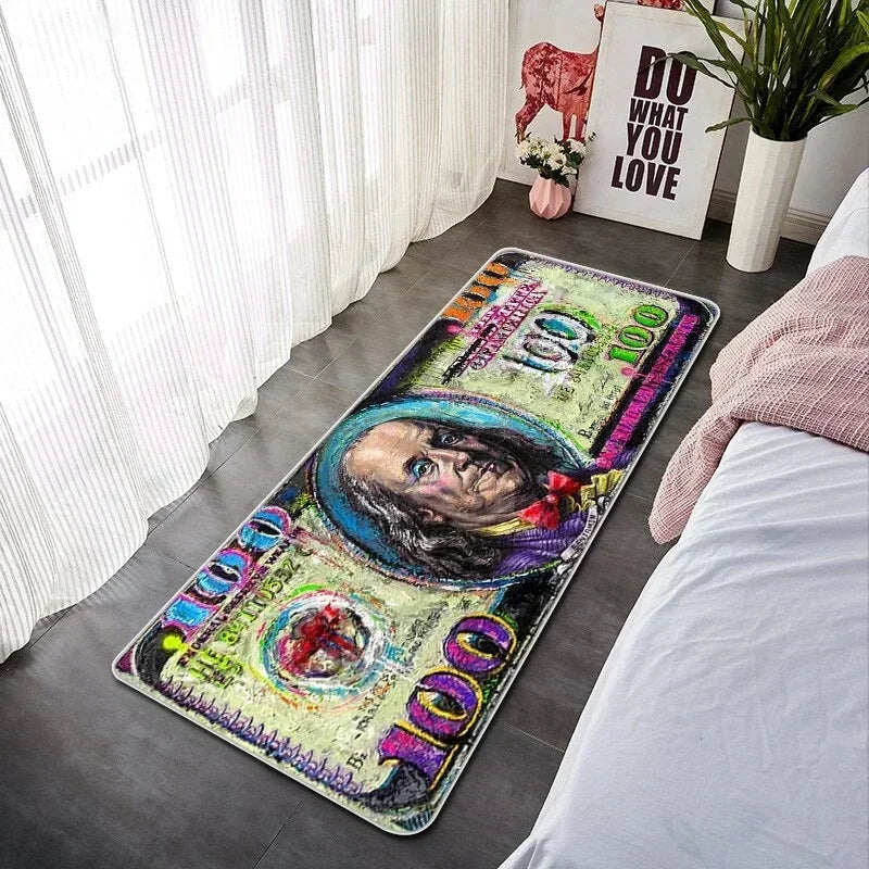 A rectangular floor mat featuring a creative banknote pattern for anti-slip use in a room.
