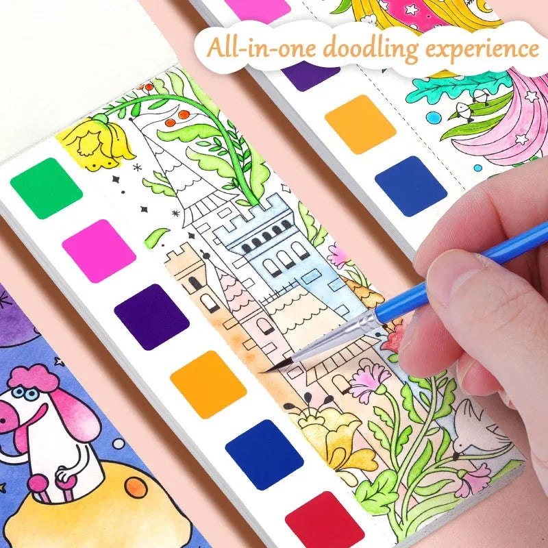 A hand is painting a colorful illustration in an all-in-one doodling experience book for kids.