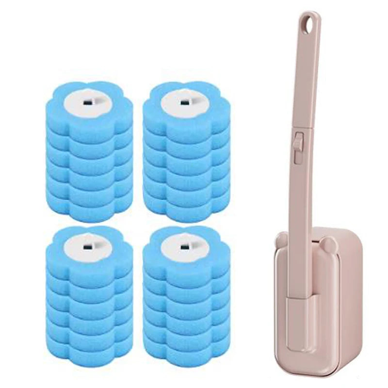 A set of wall-mounted disposable toilet brush heads in light blue and pink.