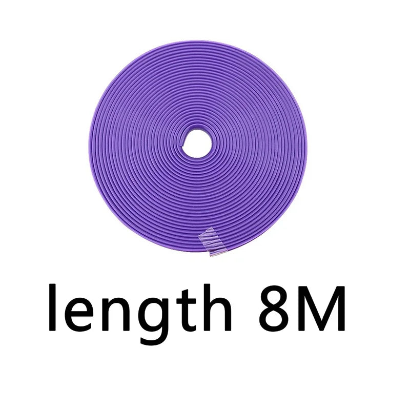 Purple roll of scratch-resistant car wheel rim protector trim with an 8-meter length.