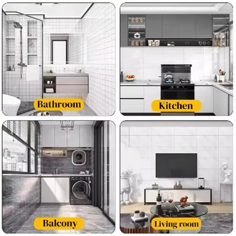 Four images showing a modern bathroom, kitchen, balcony, and living room interior design with marble-look finishes.
