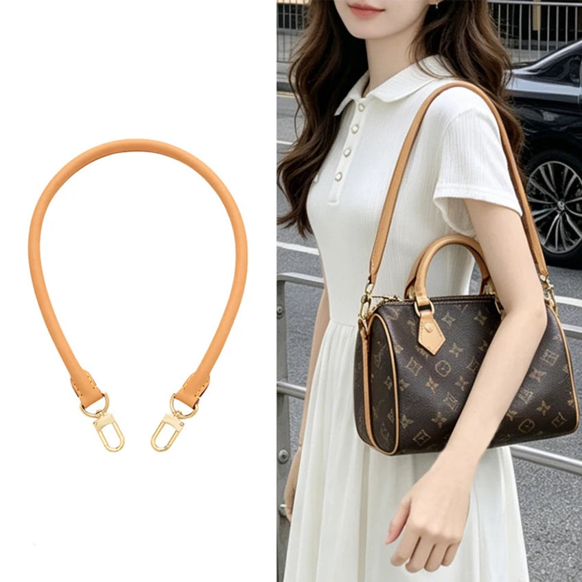 A close-up of a tan synthetic leather strap for a handbag, shown next to a woman carrying a brown patterned purse.