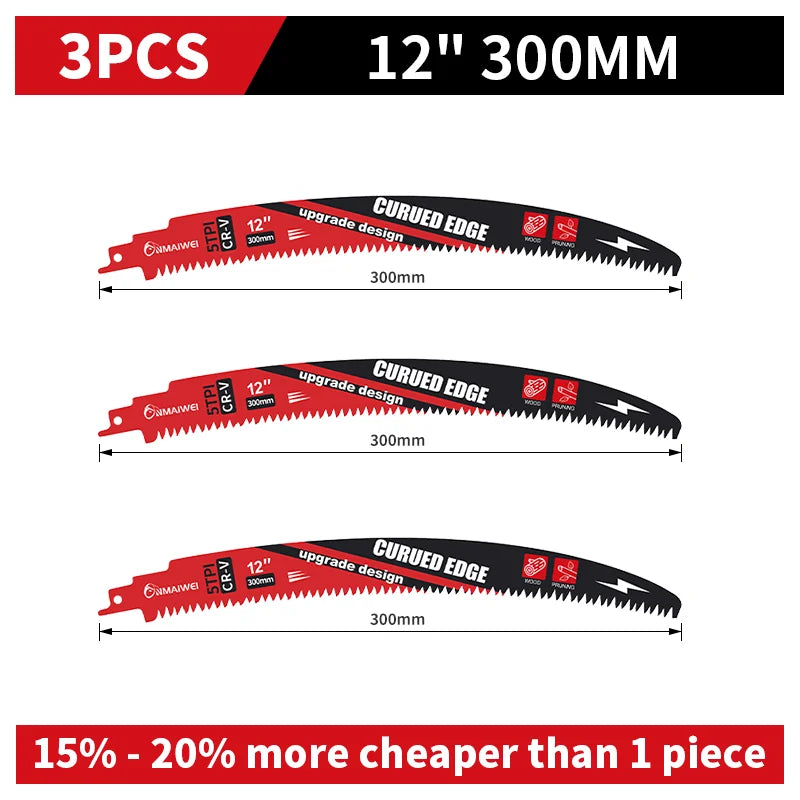 Three sets of 12 inch 300mm curved edge CR-V steel reciprocating saw blades for wood pruning.