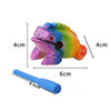 Handcrafted wooden frog guiro rasp percussion instrument with colorful body and blue mallet