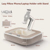 A beige lazy pillow phone and laptop holder with a stand, showing its dimensions.