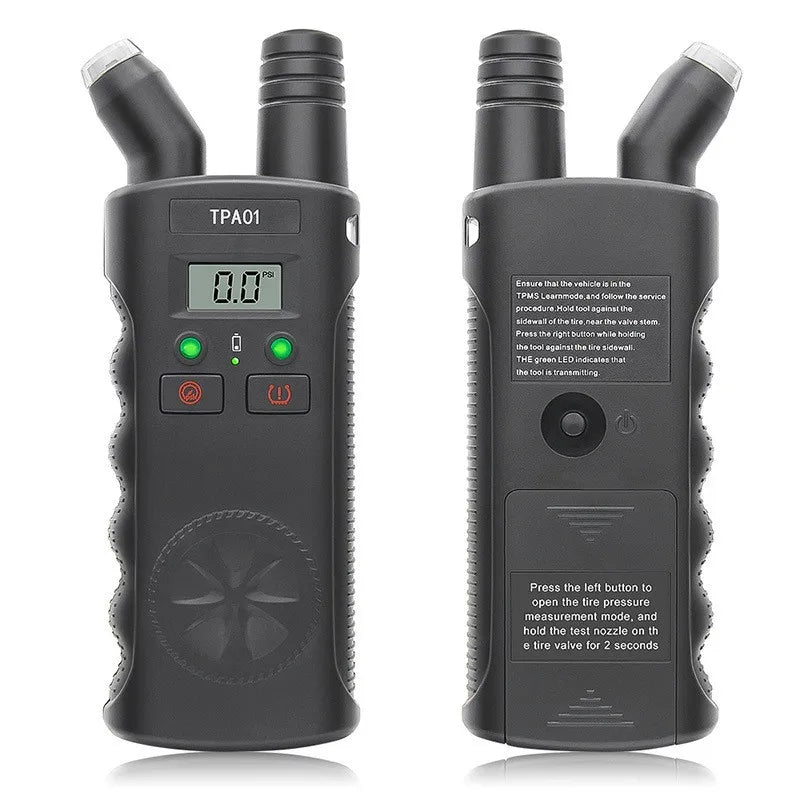 A black TPMS relearn tool with a digital tire pressure gauge is shown from the front and side.