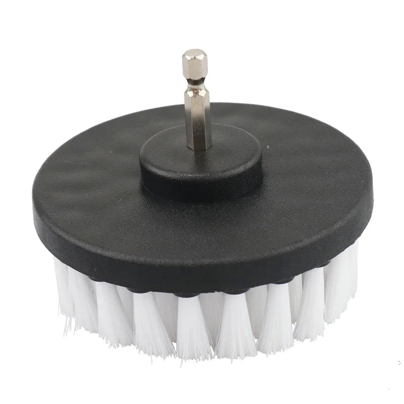 A black drill brush cleaning set with a metal attachment for tiles, bathroom, or car cleaning.