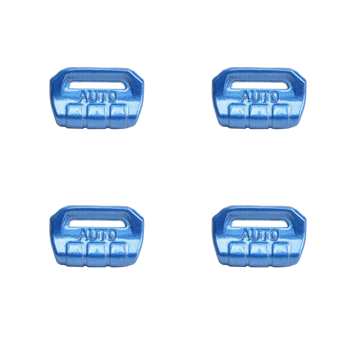 Two blue plastic window switch trim covers for Jeep Wrangler JL and Gladiator JT vehicles