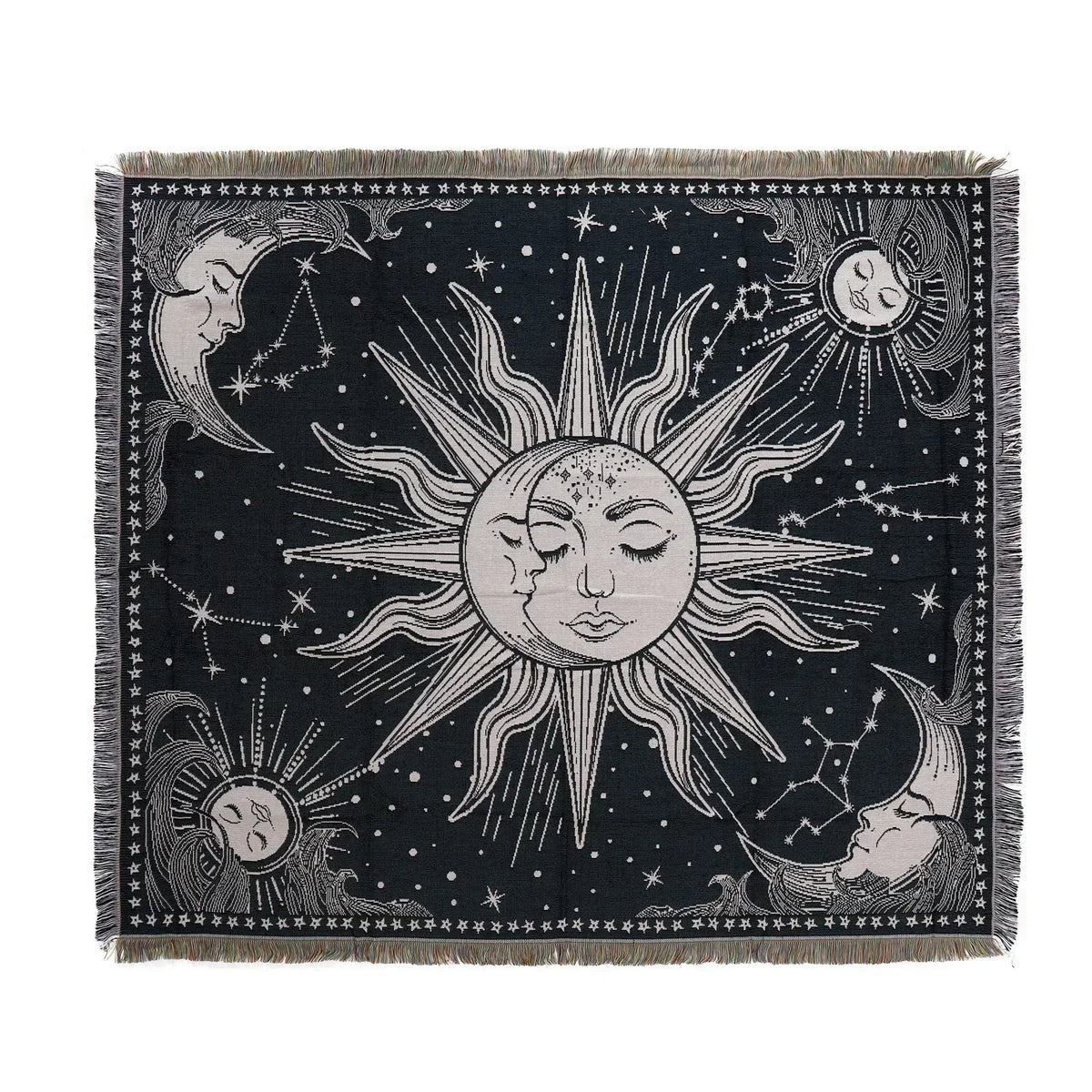 A dark fabric throw blanket featuring a celestial design with stylized suns and moons.