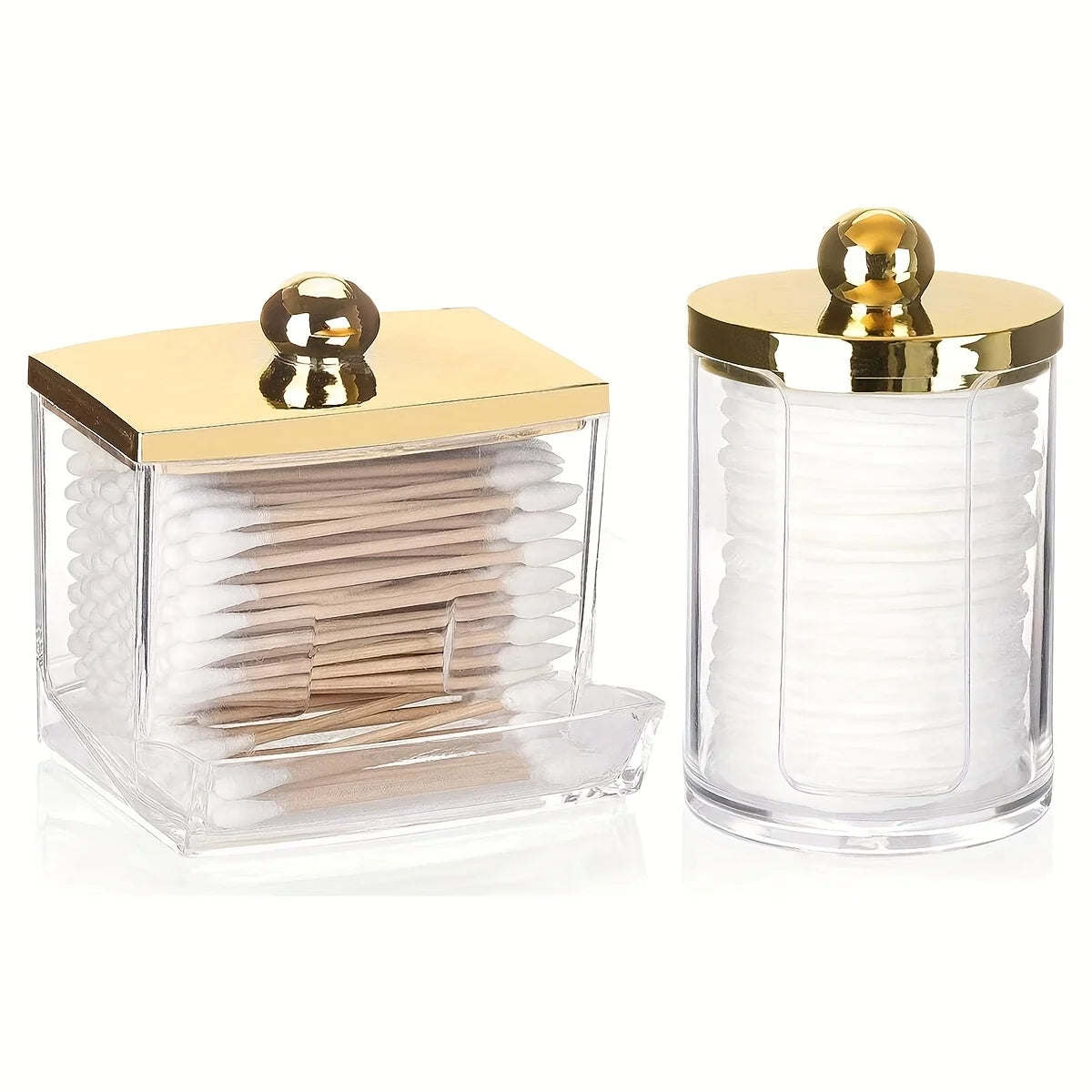 Elegant apothecary jar with a golden lid for storing cotton balls and swabs.
