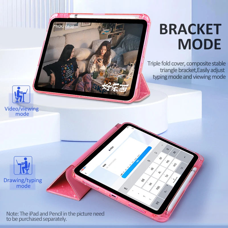 Pinker Glitzer-Case und Bracket-Modus-Cover für ein iPad Pro, das Video- und Zeichenmodi zeigt.