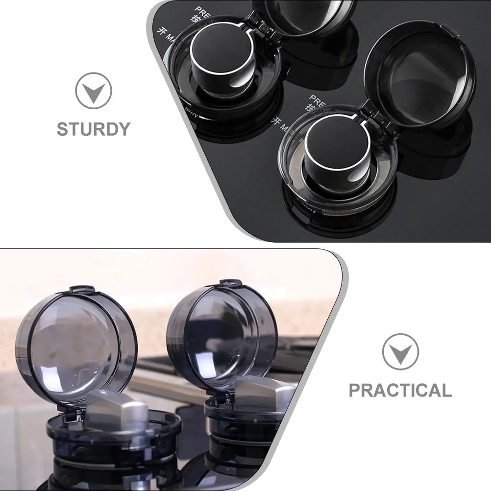 A set of clear stove knob covers shown with durability and practicality features.