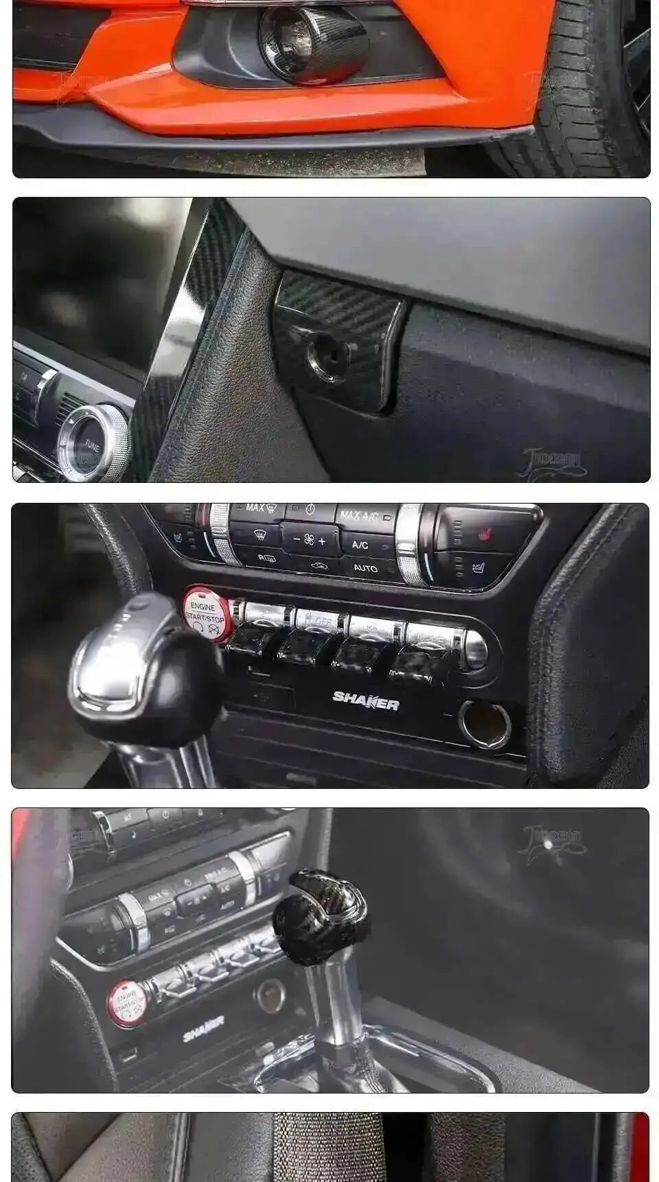 Close-up shots of carbon fiber grain decorative trim and interior components for a Ford Mustang