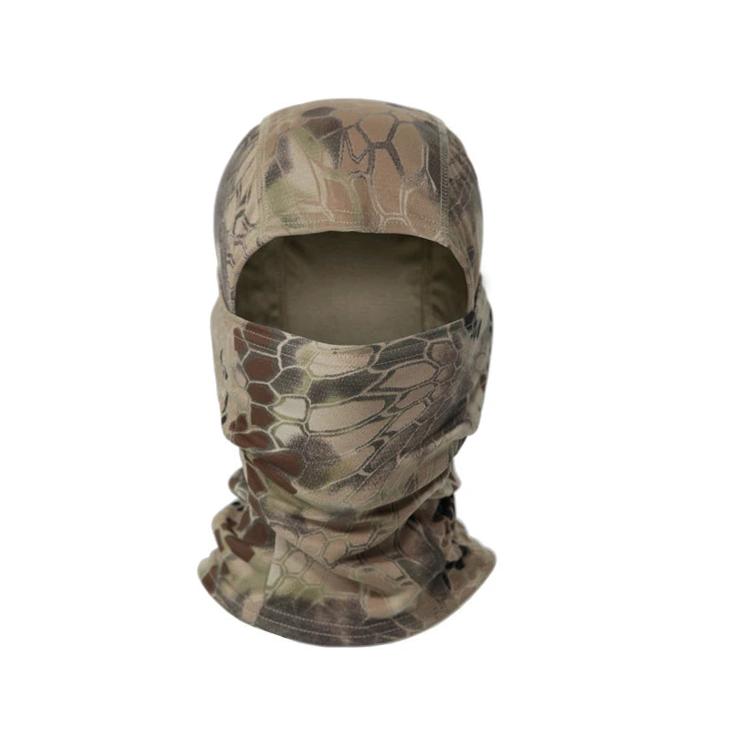 A camouflage stretchy breathable balaclava cap worn on a mannequin head.