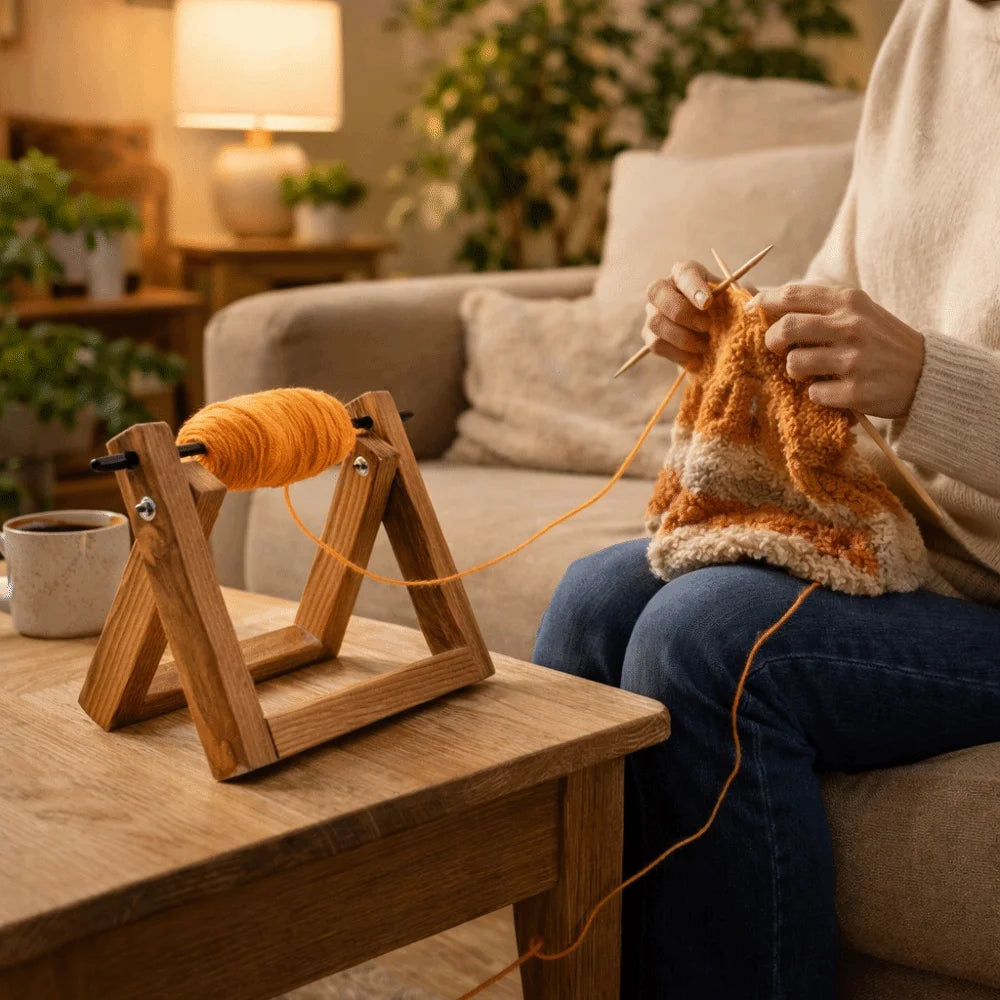 A person is holding a needle and thread, near a wooden yarn ball holder on a table.