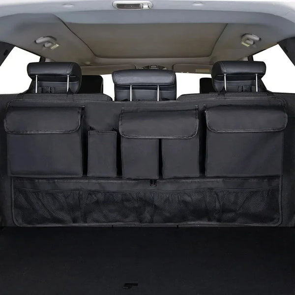 Organisateur de coffre de voiture noir imperméable avec housses rembourrées et compartiments de rangement.