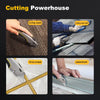A set of replacement T-shape utility knife blades shown in use for cutting carpet, wall cloth, grout, and plasterboard.
