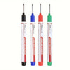 Three precision markers with long nibs in black, blue, and green for marking metal, wood, and glass.