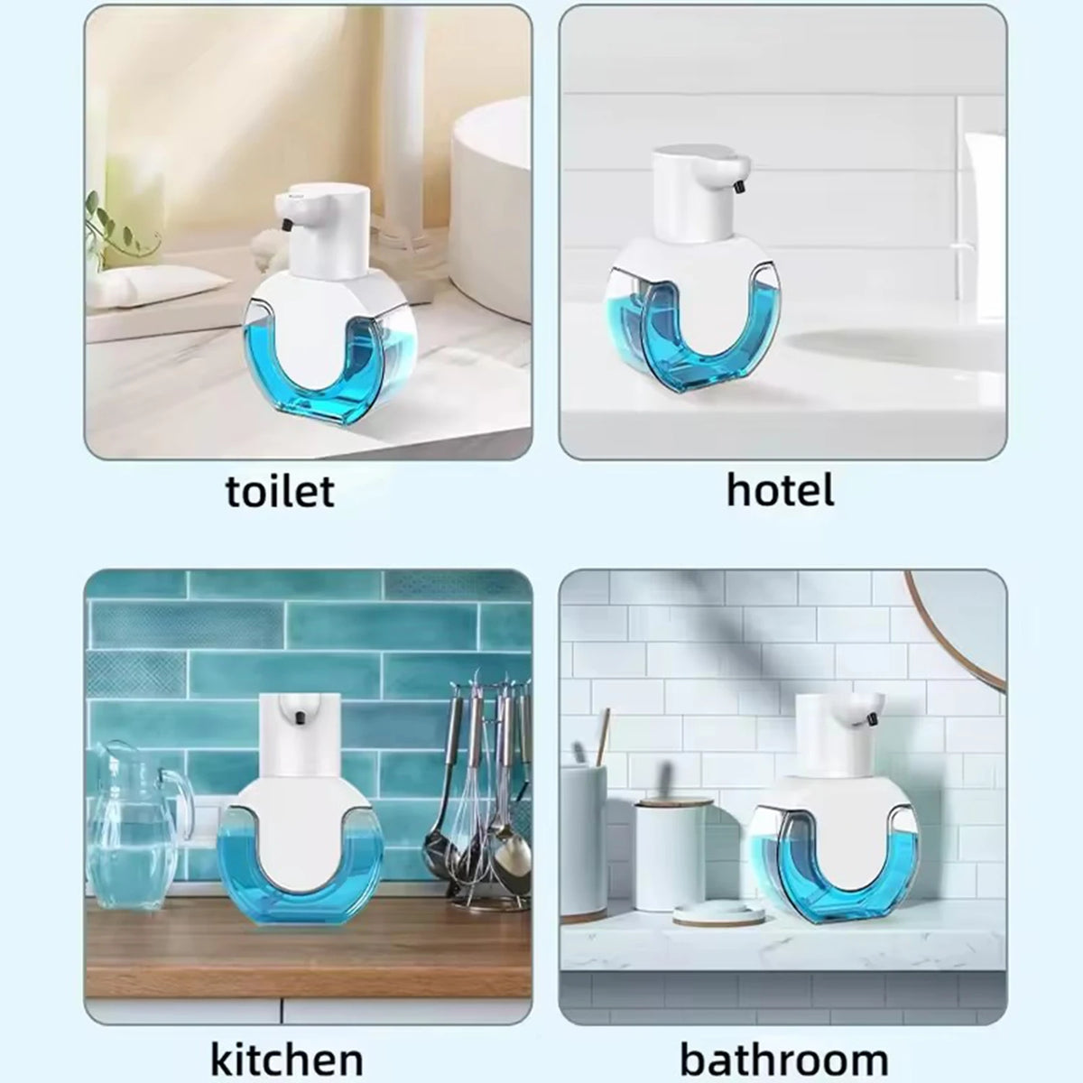 Wall-mounted infrared automatic foam soap dispensers shown in various contexts like a toilet, hotel, kitchen, and bathroom.