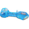 A blue ball pit play tent with a crawl tunnel for kids, featuring colorful decorations and a smiling face.