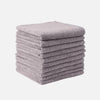 A stack of soft, gray microfiber cleaning towels.