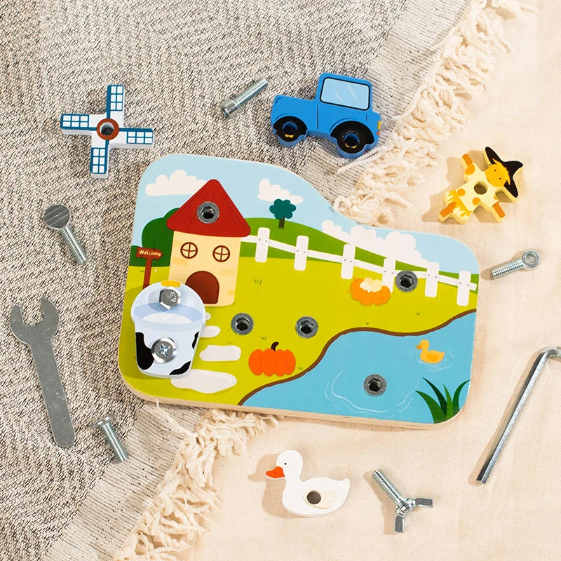 A wooden farm animal assembly toy featuring a tractor, various tools like a screwdriver and wrench, and colorful farm animals