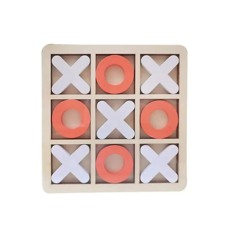 A wooden grid game board with 12 circular and cross shapes for an interactive memory and strategy game.