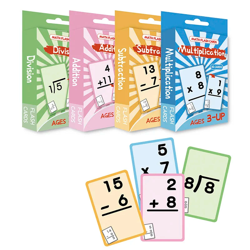 A set of colorful flash cards for math practice including division, addition, subtraction, and multiplication concepts.
