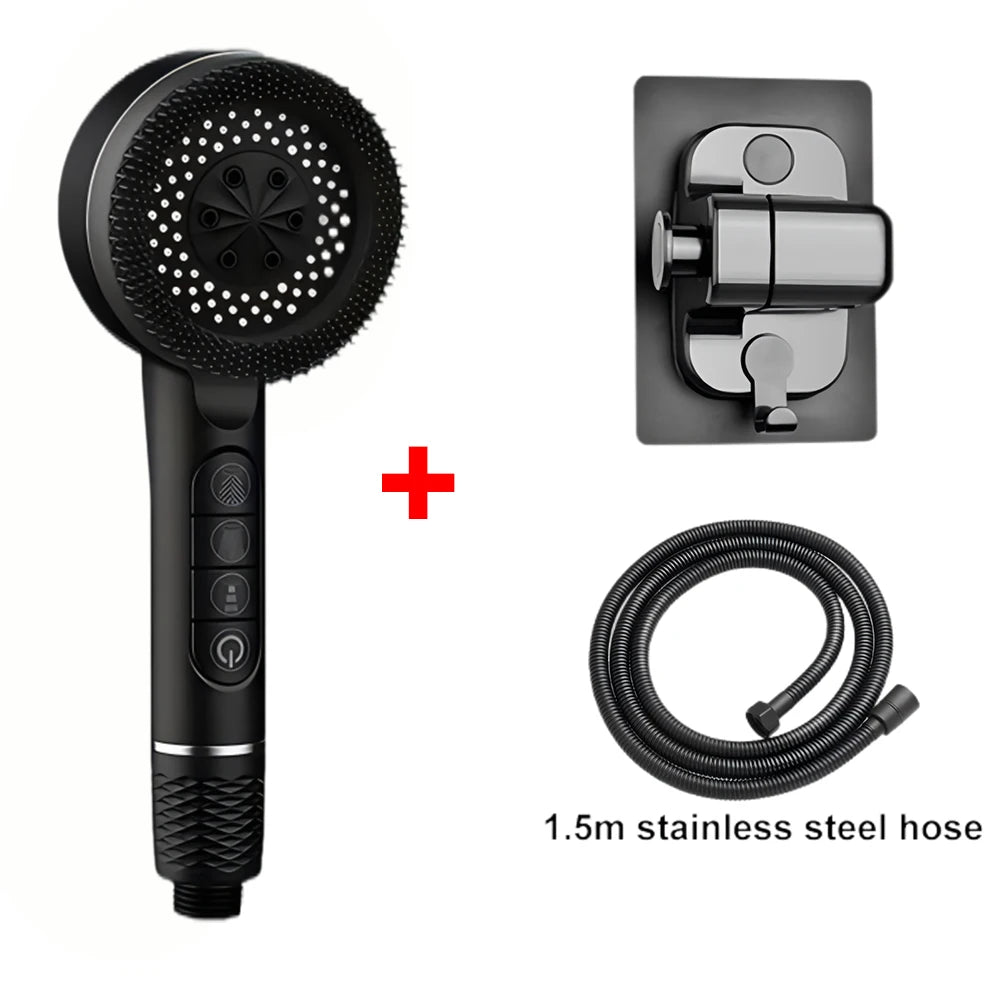A black high-pressure handheld shower head with a hose and a mounting plate.