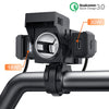 A black motorcycle USB charger with dual ports and a voltmeter, featuring Qualcomm Quick Charge 3.0 technology.
