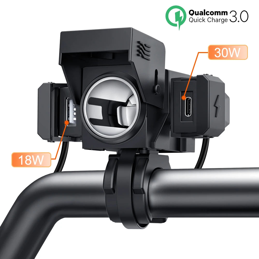 A black motorcycle USB charger with dual ports and a voltmeter, featuring Qualcomm Quick Charge 3.0 technology.